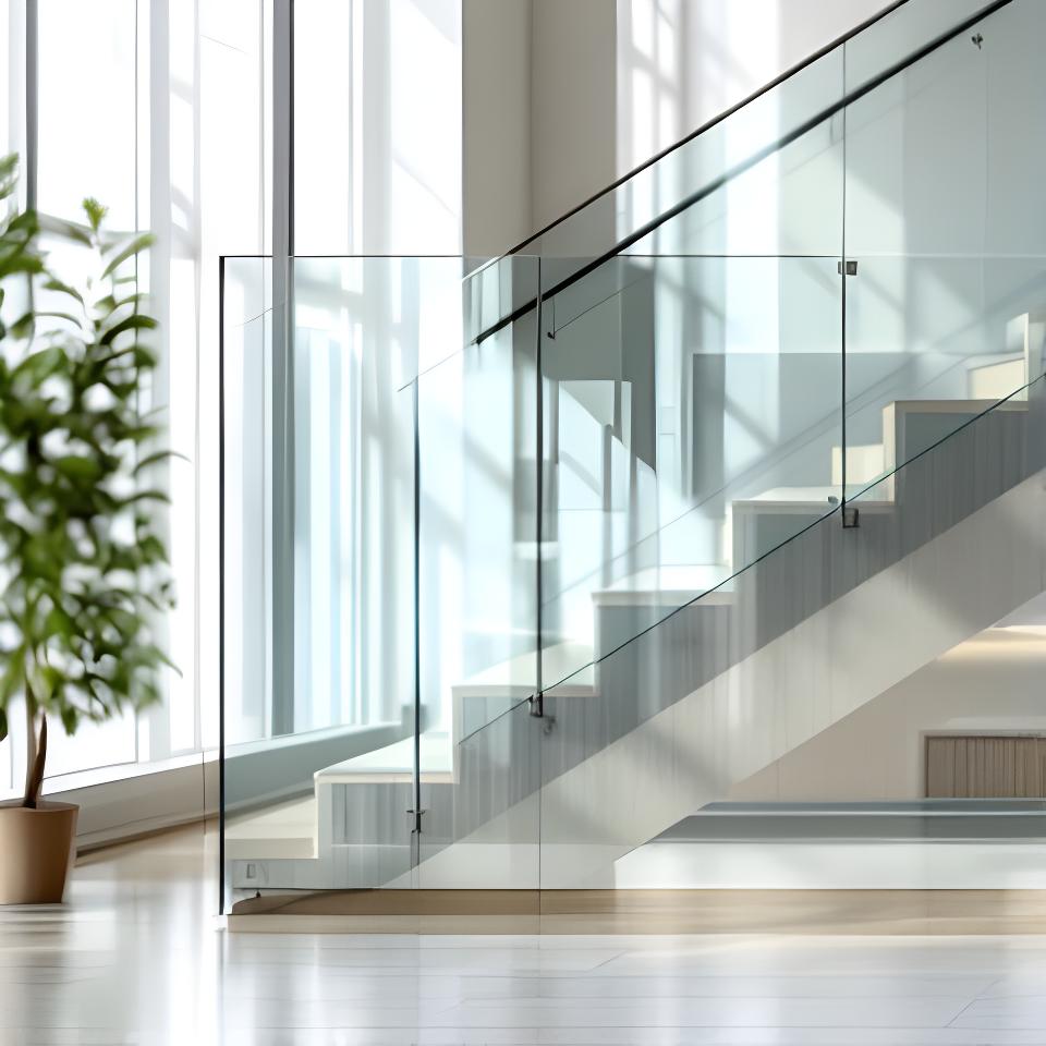 Baranda de vidrio laminado en escalera interior con luz natural lateral